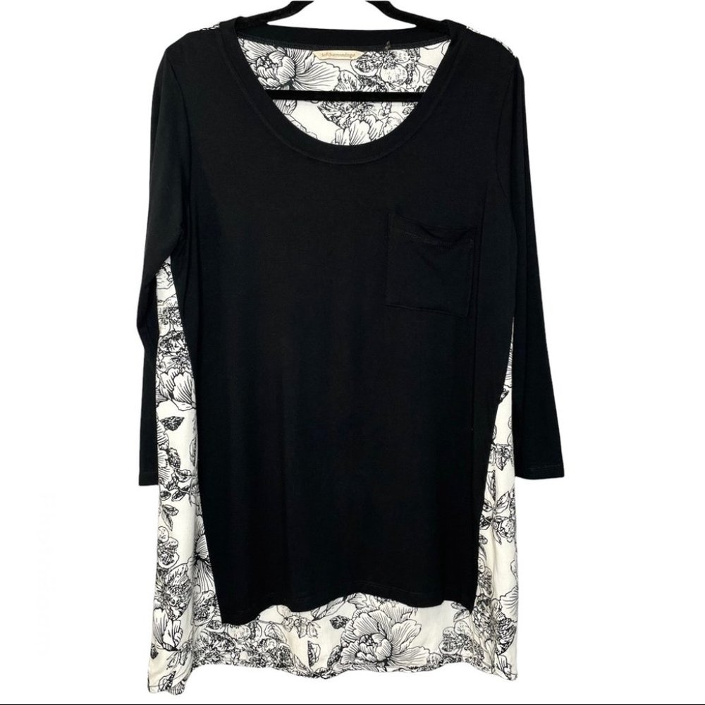Soft Surroundings Womens Black White Solid Front Floral Print Back Tunic
